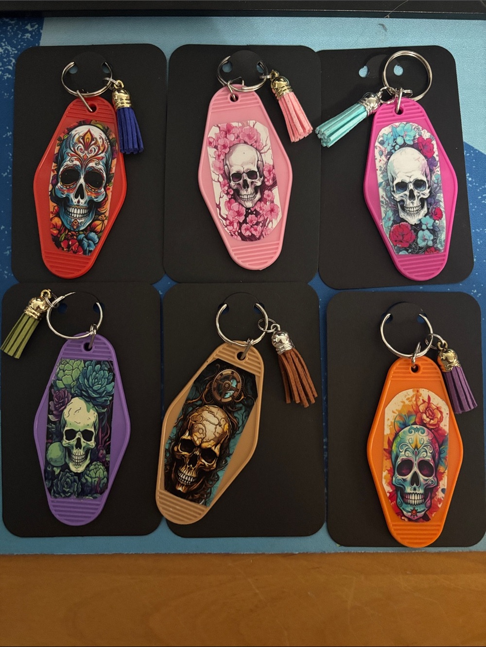 Hand Crafted Skull Floral Key Tags in Red Pink Purple Tan Orange
